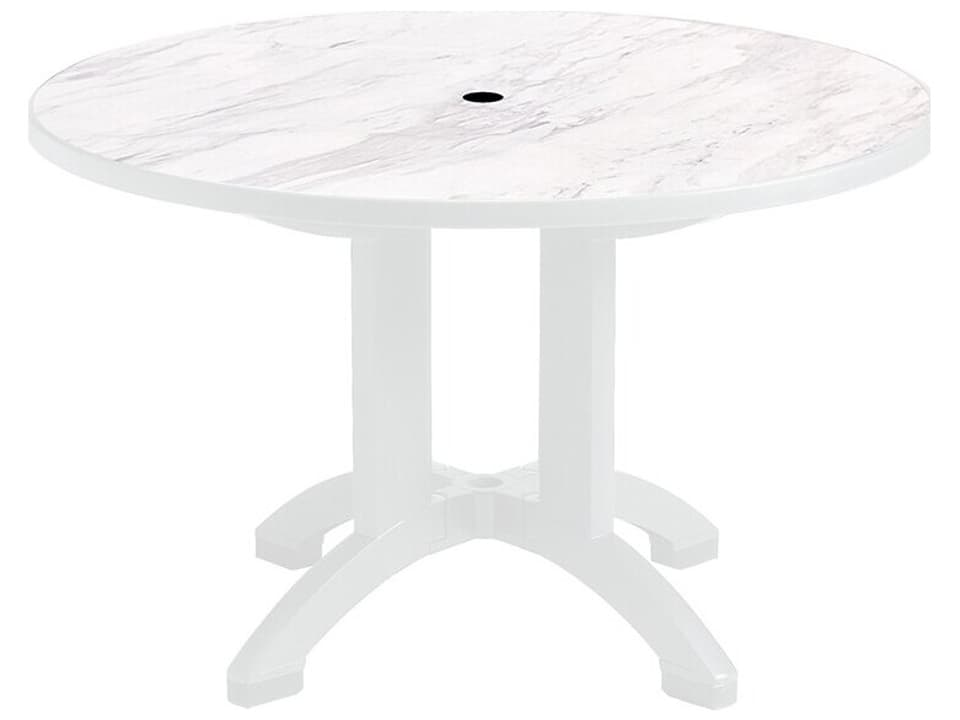 Aquaba 48 Inch Round Dining Table with Umbrella Hole in White Marble White