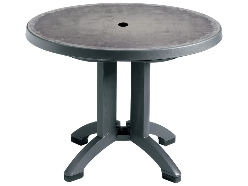 Aquaba 38-Inch Round Resin Dining Table with Umbrella Hole in Zinc Charcoal