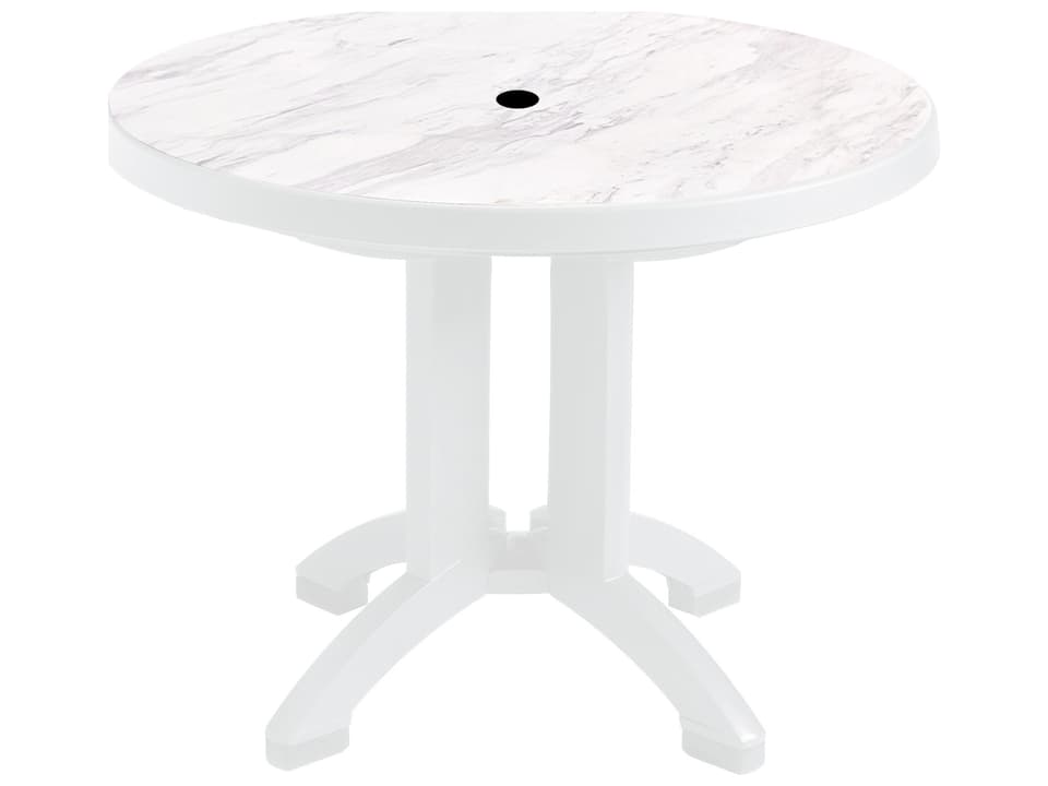Aquaba 38 Inch Round Resin Dining Table with Umbrella Hole in White Marble