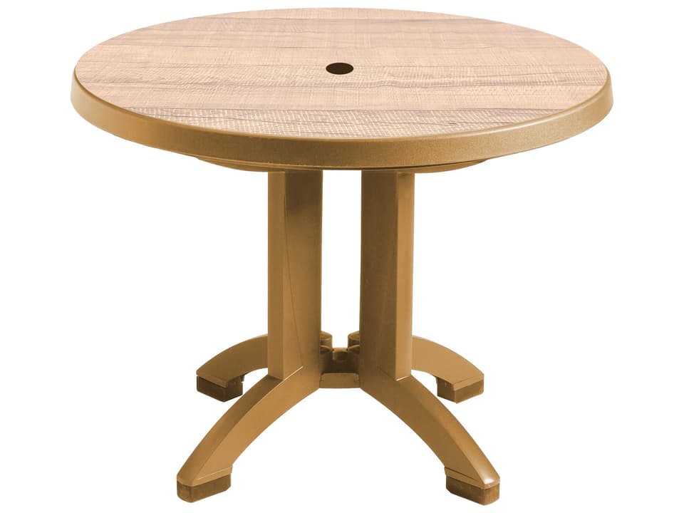 Aquaba 38 Inch Round Sawcut Teakwood Resin Dining Table with Umbrella Hole