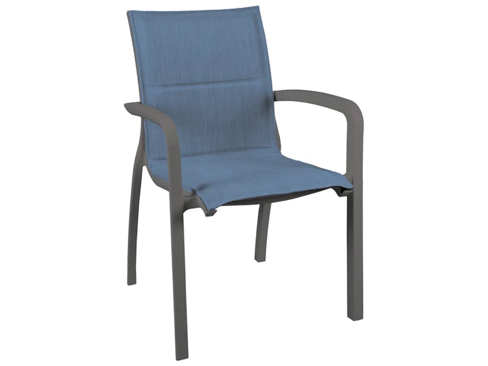 Sunset Sling Aluminum Volcanic Black Comfort Stacking Outdoor Patio Dining Arm Chair in Madras Blue