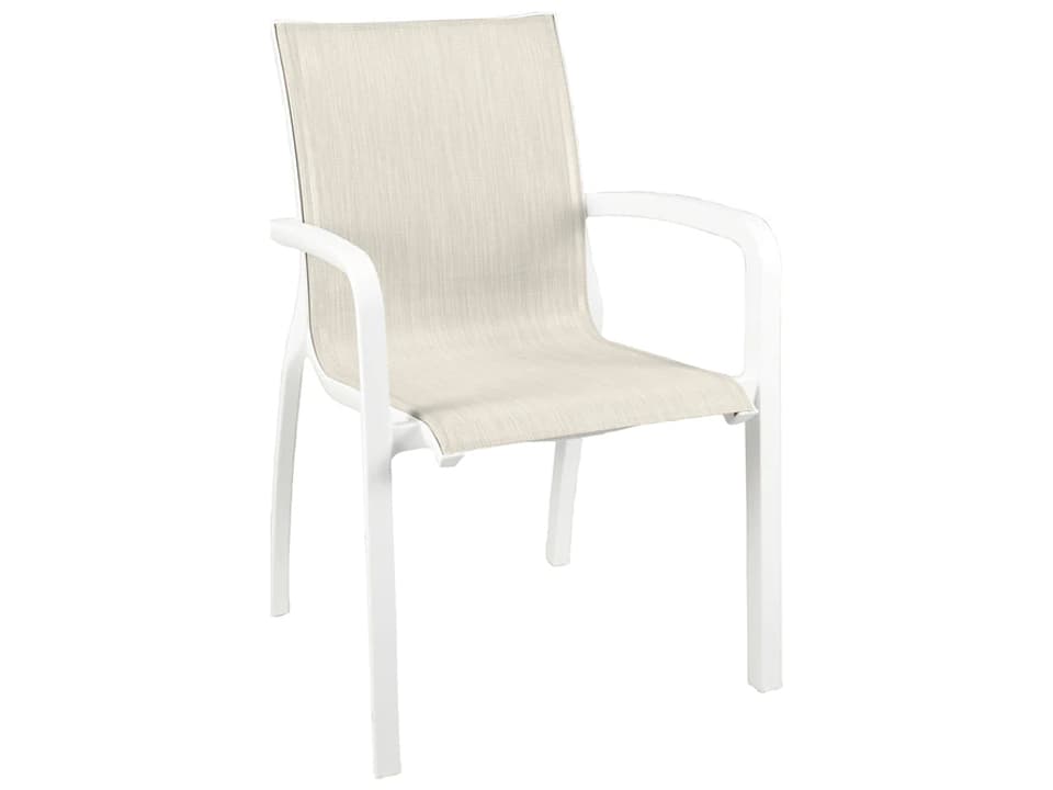 Sunset Sling Aluminum Glacier White Stacking Outdoor Dining Arm Chair in Beige