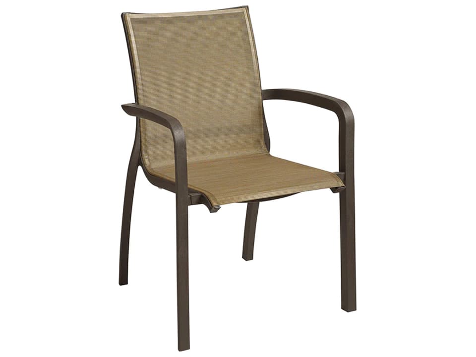 Sunset Sling Aluminum Fusion Bronze Stacking Outdoor Dining Arm Chair in Cognac