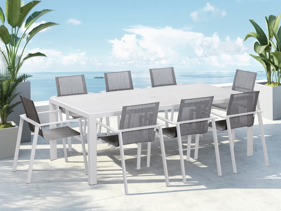 Lift Aluminum Sling 9 Piece Dining Set in White with Driftwood Sling