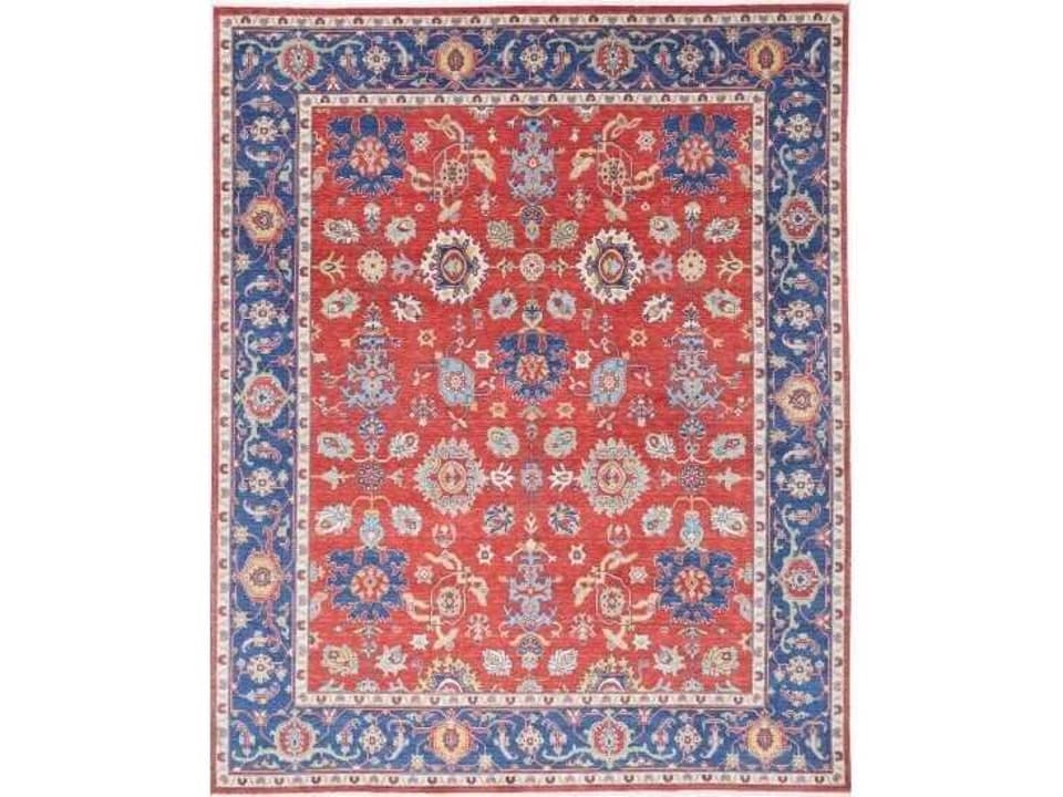 Traditional Wool Area Rug in Red and Navy