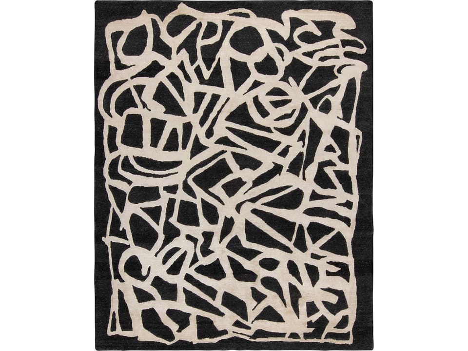 Spiral Collection Hand-Knotted Wool and Viscose Area Rug in Black and White