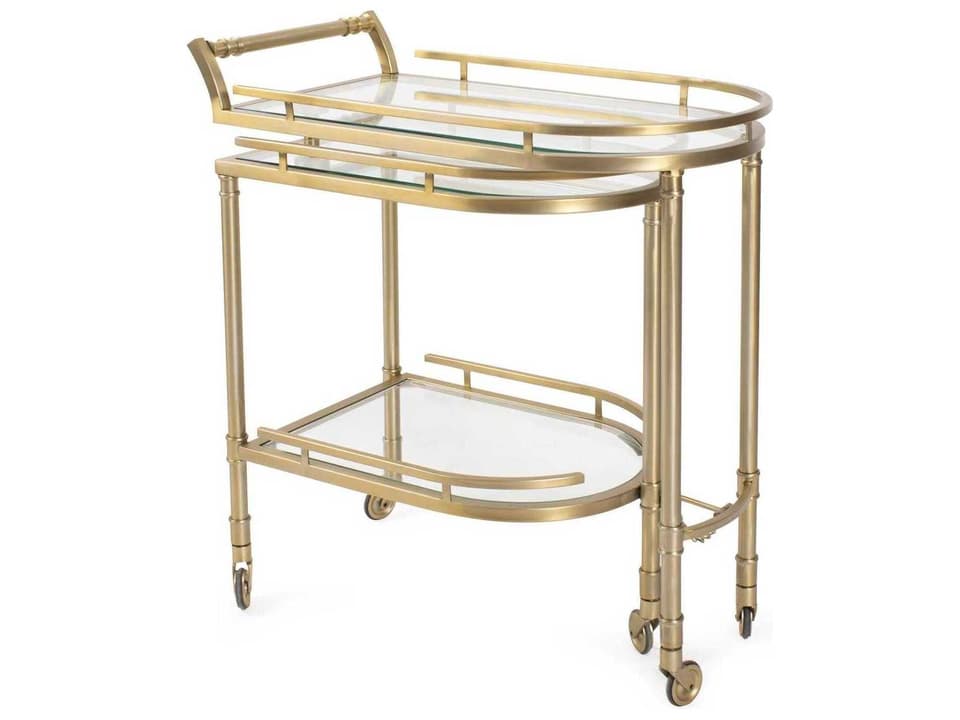 Carmelo Glass Matte Gold Bar Cart with Rolling Casters