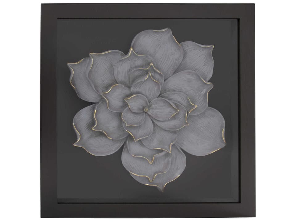 Magnolia Flower Wood Wall Art Gray and Gold in Shadow Box Frame