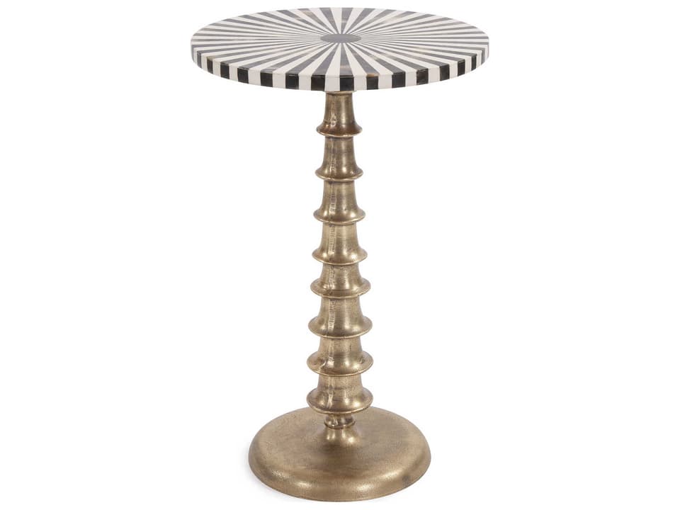 Round End Table Gold with Black and White Bone Inlay Top