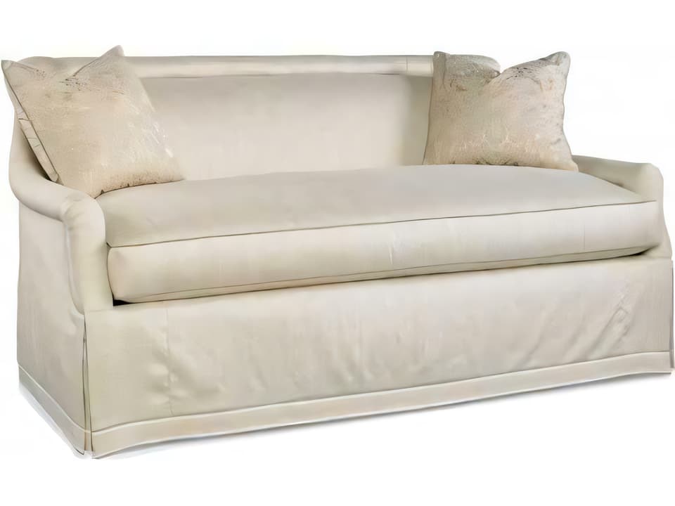 Custom Elements Upholstery Cream Fabric Loveseat with Dressmaker Skirt