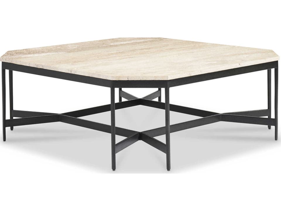 Everett Square Cocktail Table with Roman Travertine Top and Hammered Metal Base