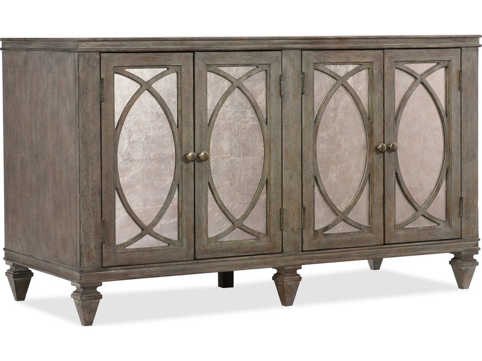 Rustic Glam Credenza with Eglomise Accents and Fretwork Doors