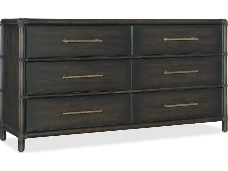 Retreat 68-Inch 6-Drawer Wood Dresser with Pole Rattan Accents in Black Sand