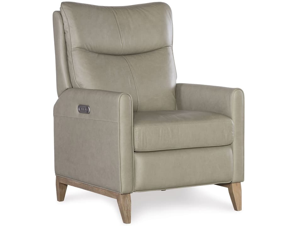 Quinnie Power Recliner with Power Headrest in Green Leather and Light Wood