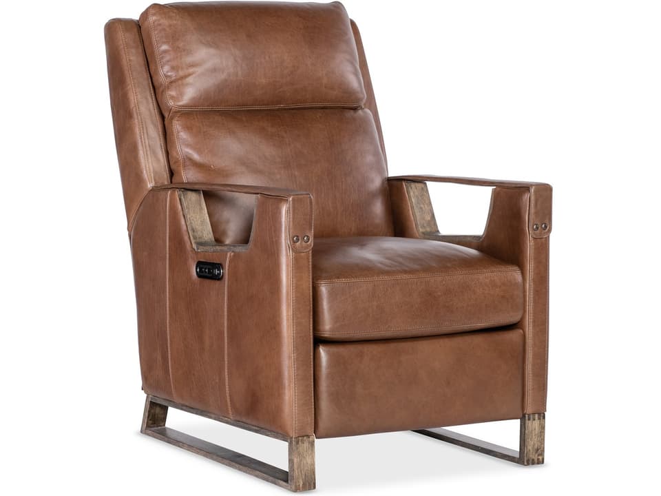 Relic Power Reclining Leather Recliner in Taupe with Light Wood Trim