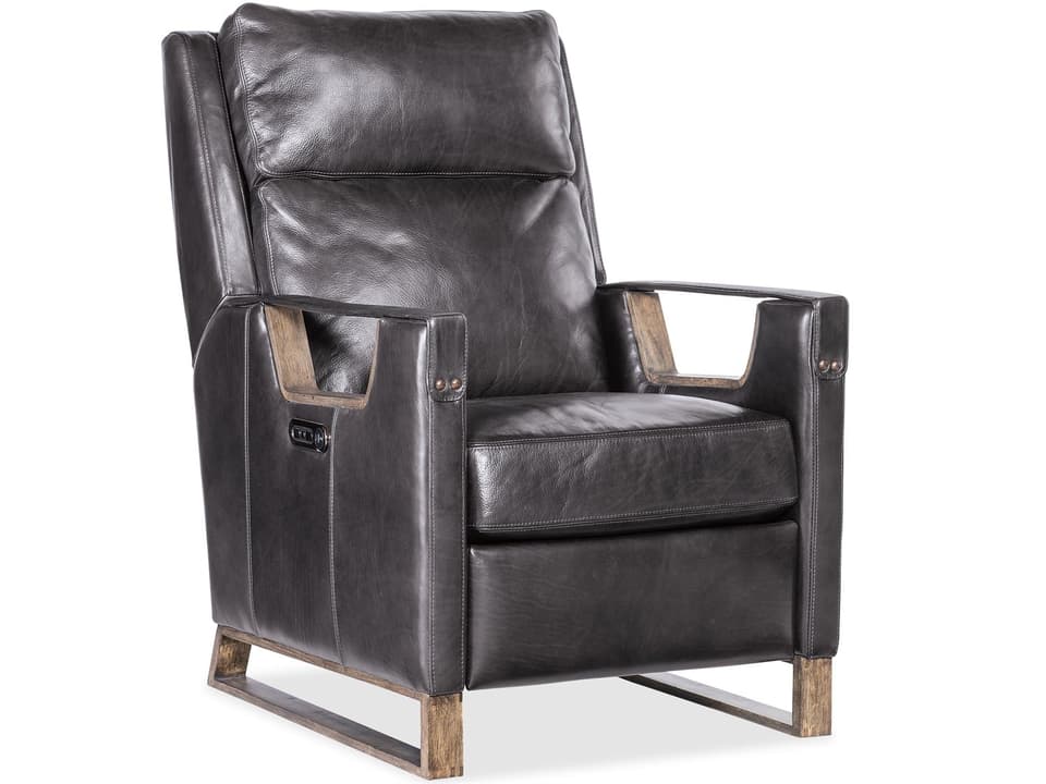 Relic Power Recliner with Power Headrest in Black Leather and Light Wood