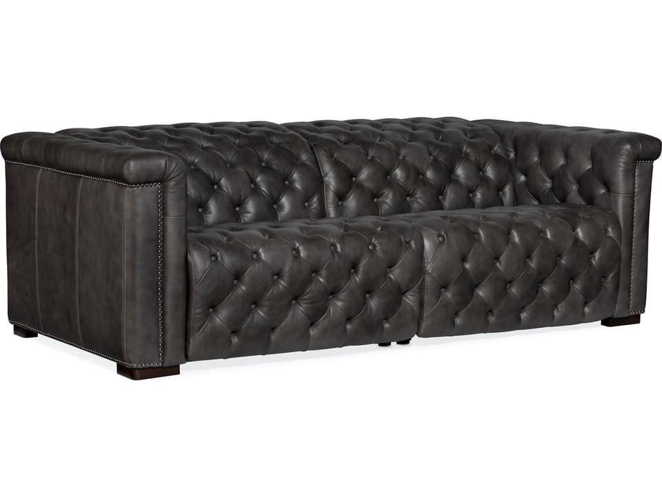 Heritage Tufted Bellagio Gravel Dark Wood Gray Leather Sofa with Power Recliner and Headrest