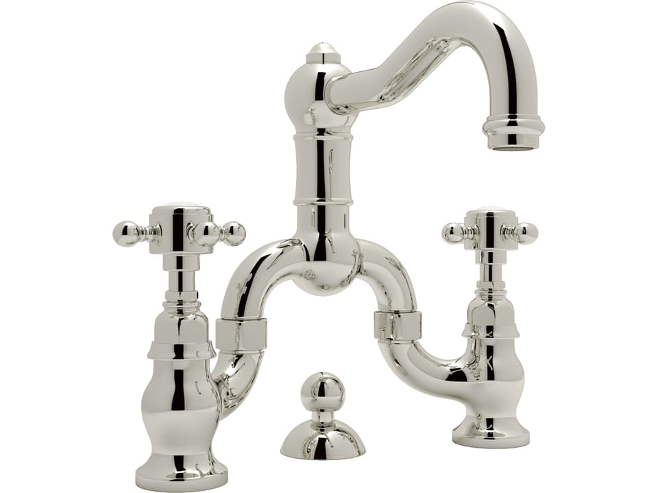 Acqui Italian Bath Deck Mounted Lavatory Bridge Faucet Polished Nickel with Cross Handles