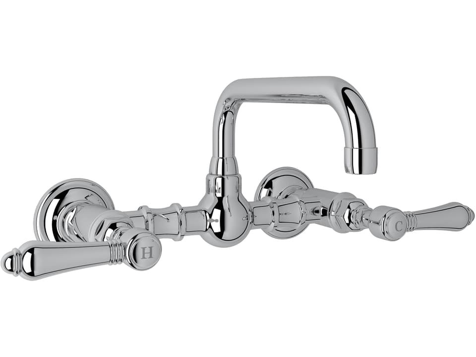 Acqui Wall Mounted Bridge Lavatory Faucet in Polished Chrome with Metal Levers