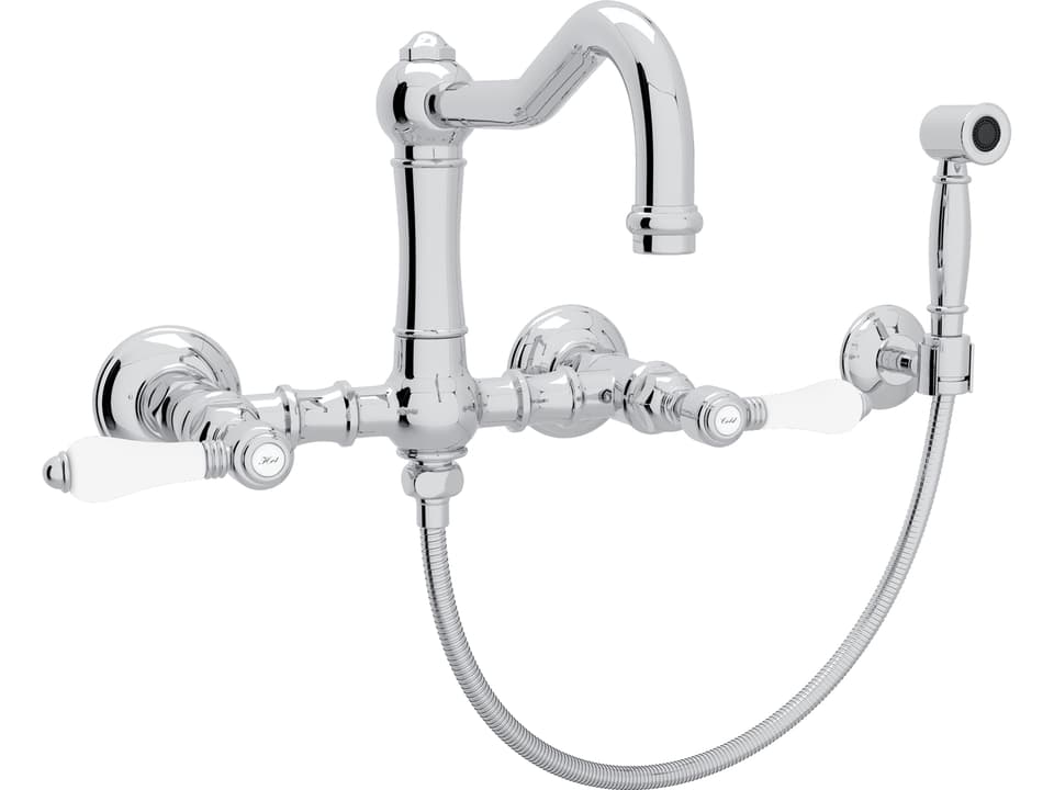 Acqui Italian Wall Mounted Bridge Kitchen Faucet with Sidespray and Porcelain Levers in Polished Chrome