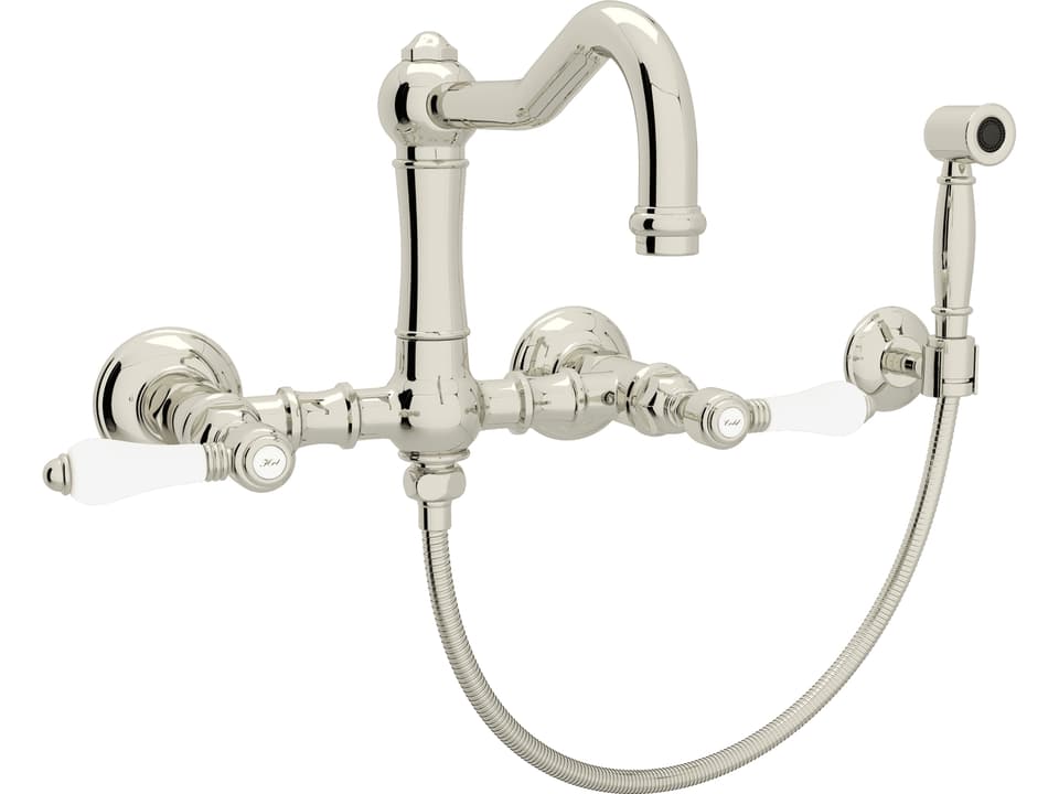 Acqui Kitchen Wall Mounted Bridge Faucet with Sidespray Porcelain Levers in Polished Nickel