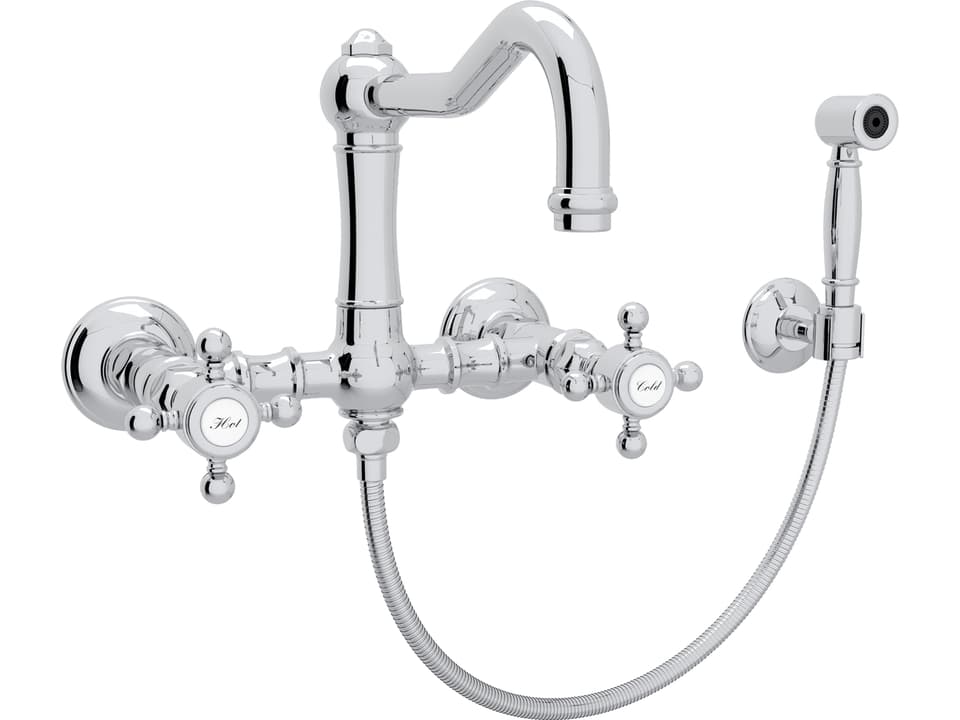 Acqui Wall Mounted Bridge Kitchen Faucet with Sidespray Cross Handles Polished Chrome