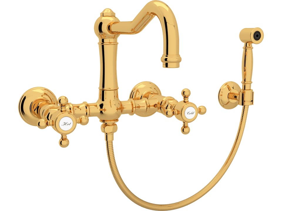 Acqui Italian Kitchen Wall Mounted Bridge Faucet with Sidespray Cross Handles in Italian Brass
