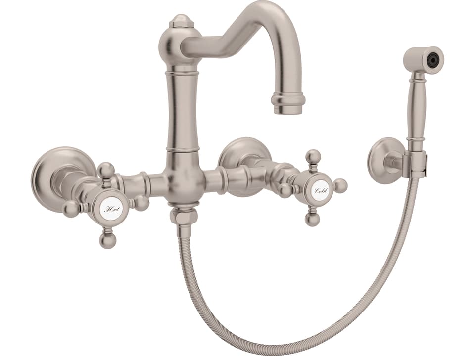Acqui Wall Mounted Bridge Kitchen Faucet with Sidespray Cross Handles Satin Nickel