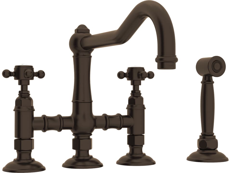 Acqui Italian Kitchen Three Leg Bridge Faucet Cross Handle Sidespray Tuscan Brass