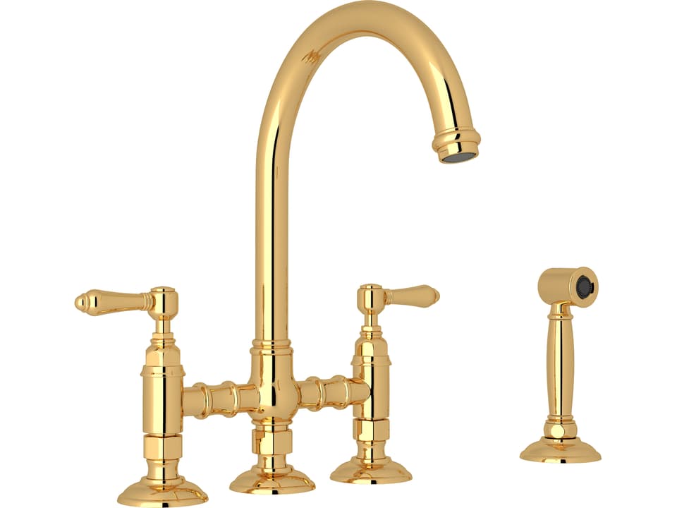 San Julio Bridge Kitchen Faucet with Metal Levers Sidespray and C Spout in Italian Brass