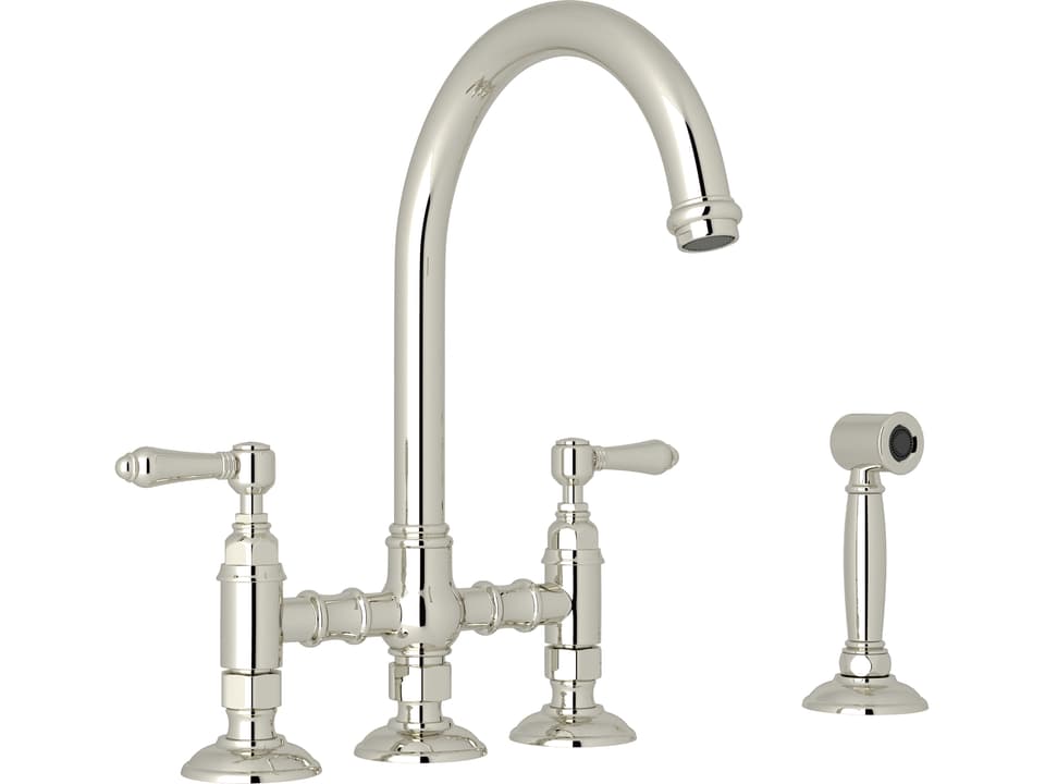 San Julio Bridge Kitchen Faucet with Metal Levers Sidespray and C Spout in Polished Nickel