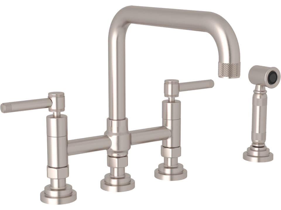 Campo Deck Mounted Bridge Kitchen Faucet with Sidespray in Satin Nickel