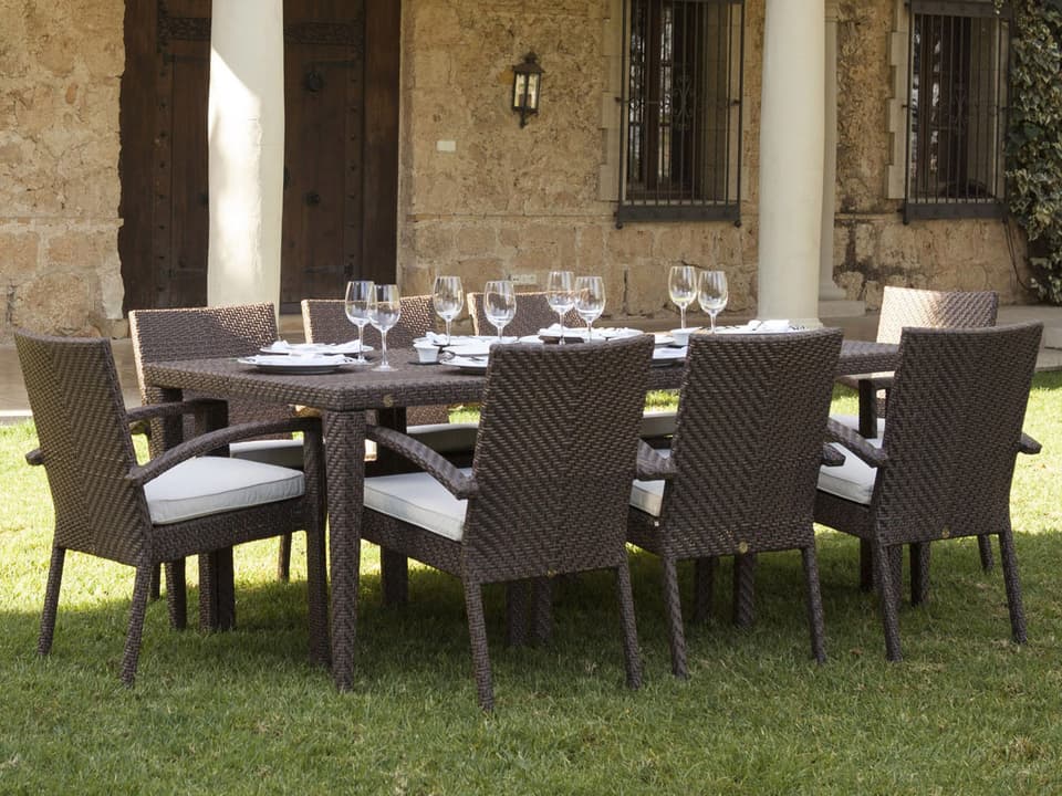 Soho 9 Piece Java Brown Wicker Dining Set with Sunbrella Cushions