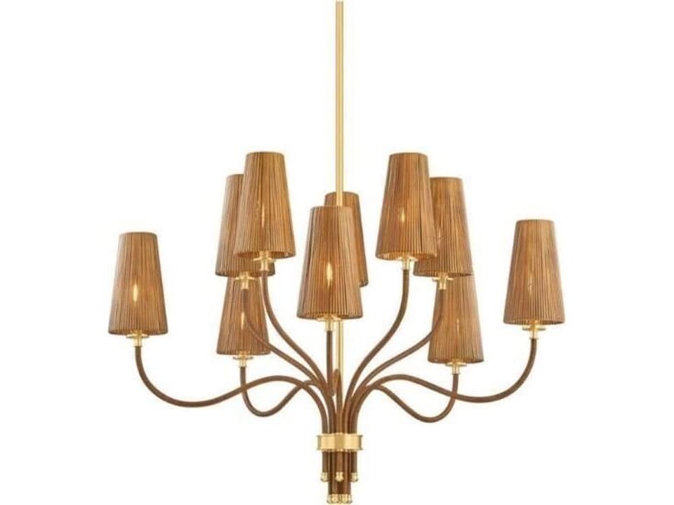 Atwood 10-Light Chandelier with Rattan Shades in Aged Brass