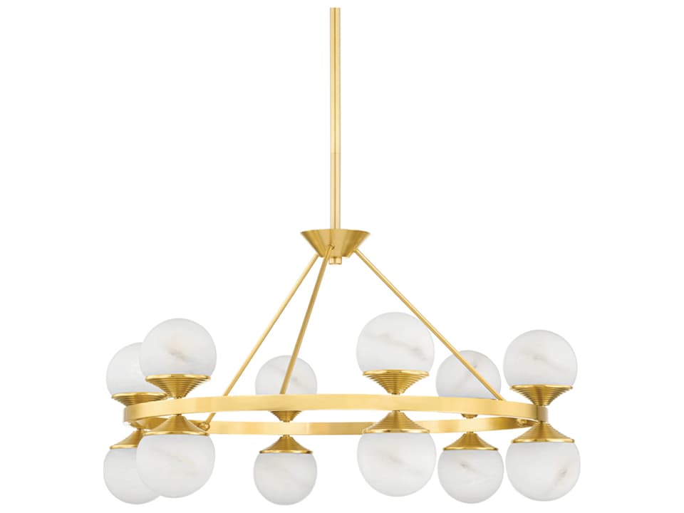 Grafton 12-Light Round Chandelier Aged Brass White Alabaster Globes