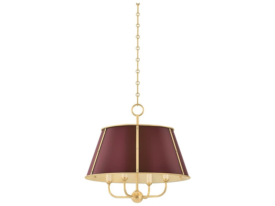 4-Light Cambridge Chandelier in Aged Brass and Soft Crimson Red