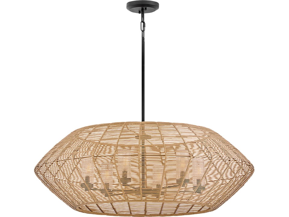 Luca 6-Light Outdoor Hanging Light in Black with Camel Rattan Shade