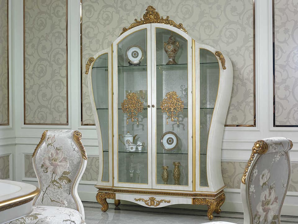 E-57 2-Door Display Cabinet with Lighting in White and Gold