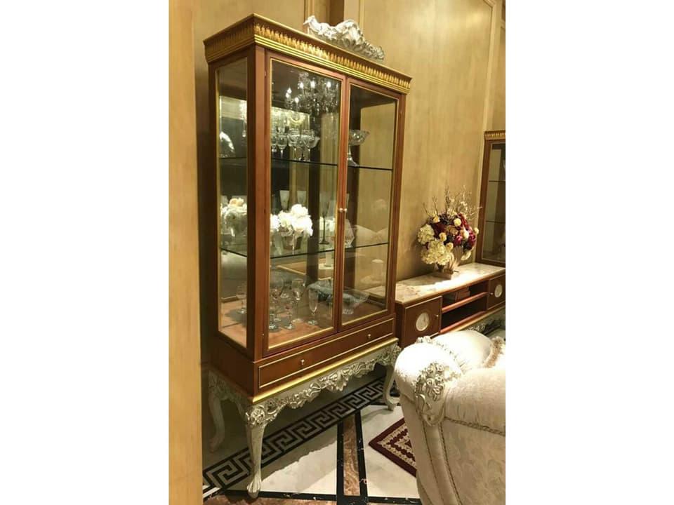 E-66 Hardwood 2-Door Display Cabinet with Gold Accents