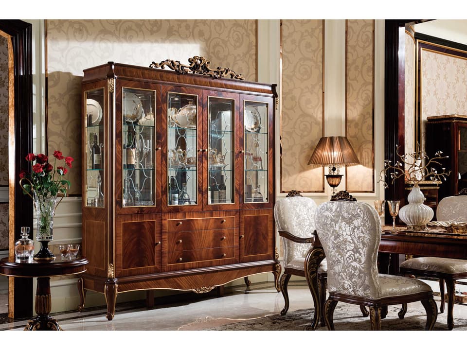 E-70 4-Door Solid Wood Display Cabinet in Walnut and Gold
