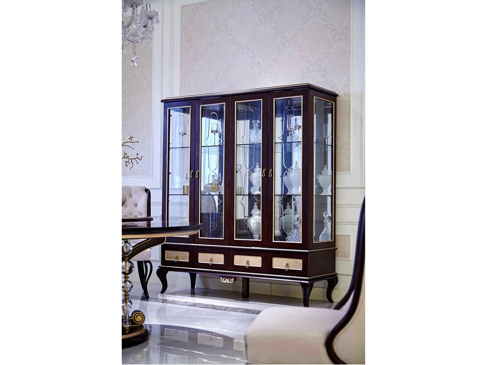 E-71 4-Door Solid Wood Display Cabinet in Darkwood with Gold Accents