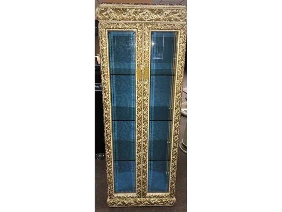 Fin Hardwood Display Cabinet with Glass Doors and Gold Accents