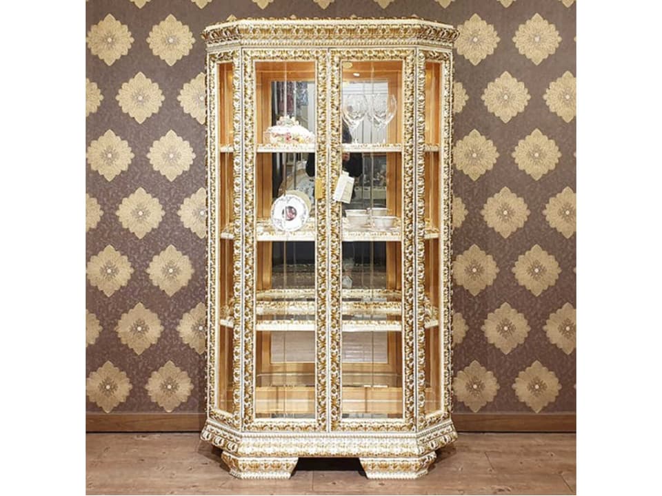 Fin Display Cabinet Gold and Ivory with Glass Doors