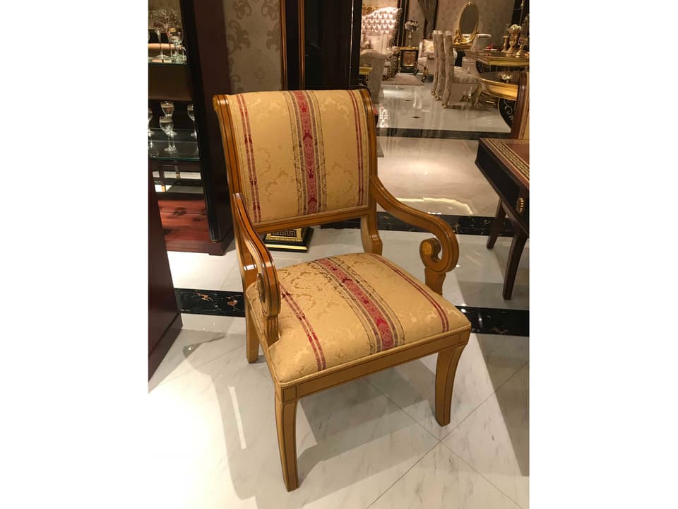 Inf Upholstered Arm Dining Chair in Light Walnut Wood