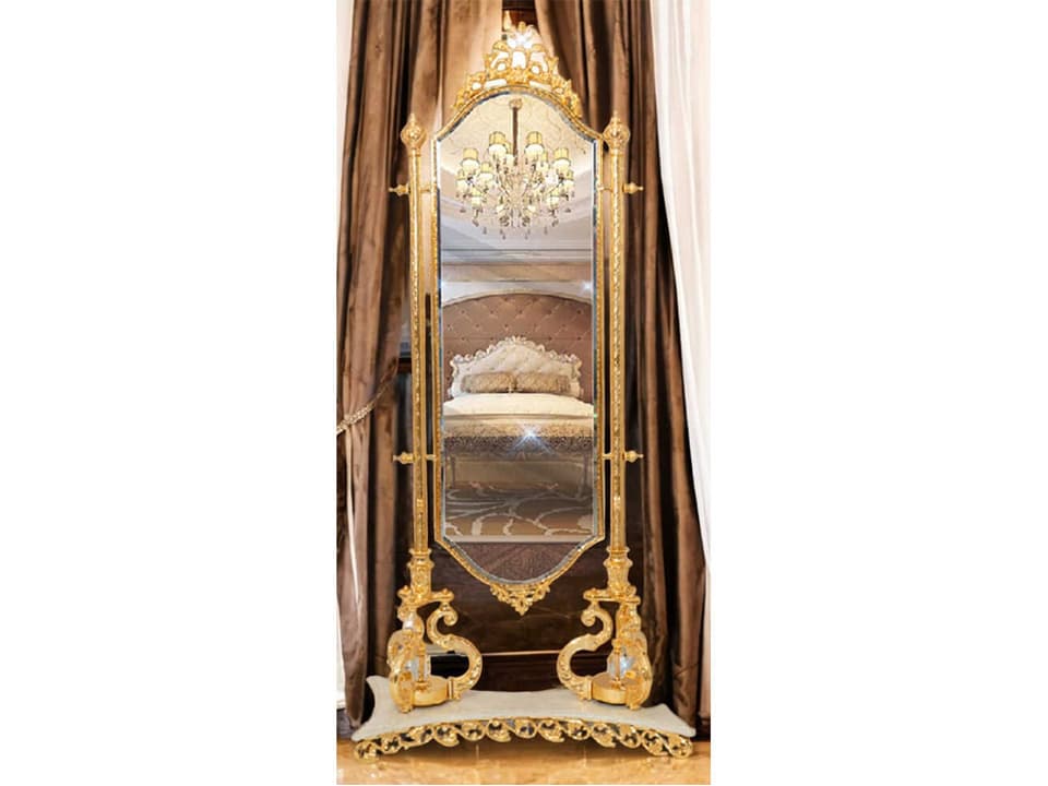 Ornate Solid Wood Floor Mirror in Antique Gold