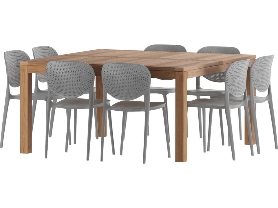 Amazonia Fangio Teak 9 Piece Outdoor Square Dining Set with 6 Grey Armchairs