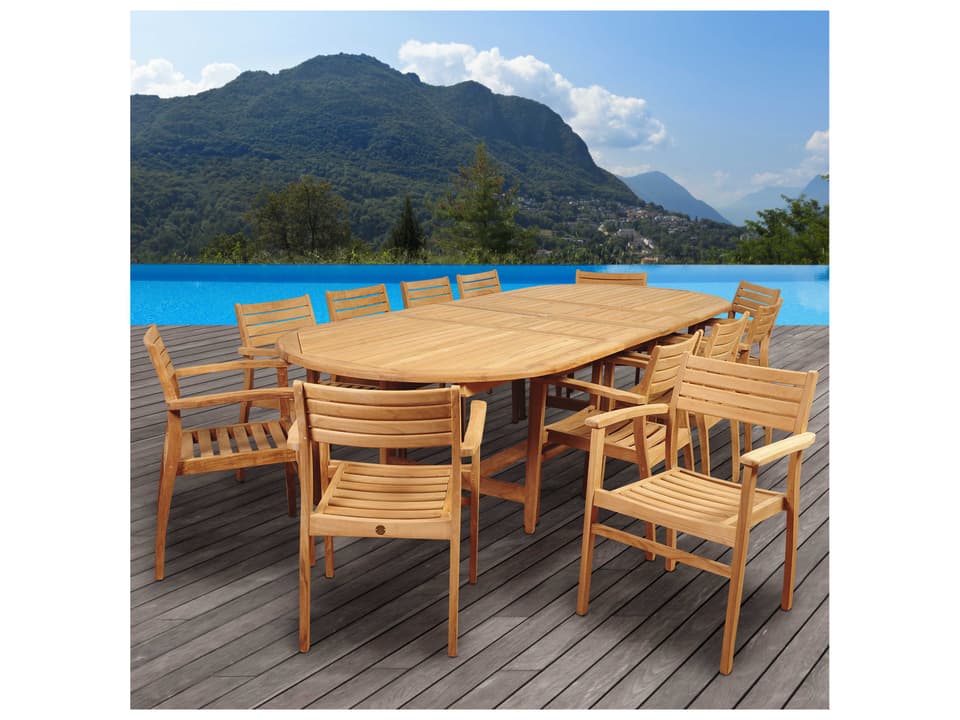 Amazonia Mondavi 13 Piece Teak Double-Extendable Oval Outdoor Patio Dining Set