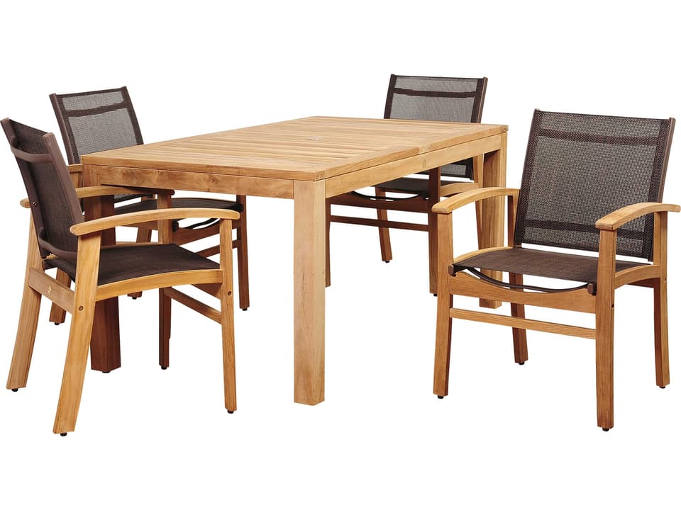 Amazonia Devlin 5 Piece Teak Rectangular Outdoor Dining Set with Brown Sling Chair