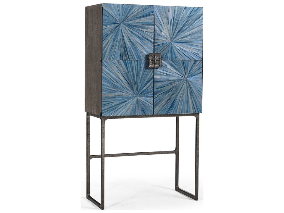 JC Modern Sapphire Blue Rattan Chocolate Apricot Oak Bar Cabinet