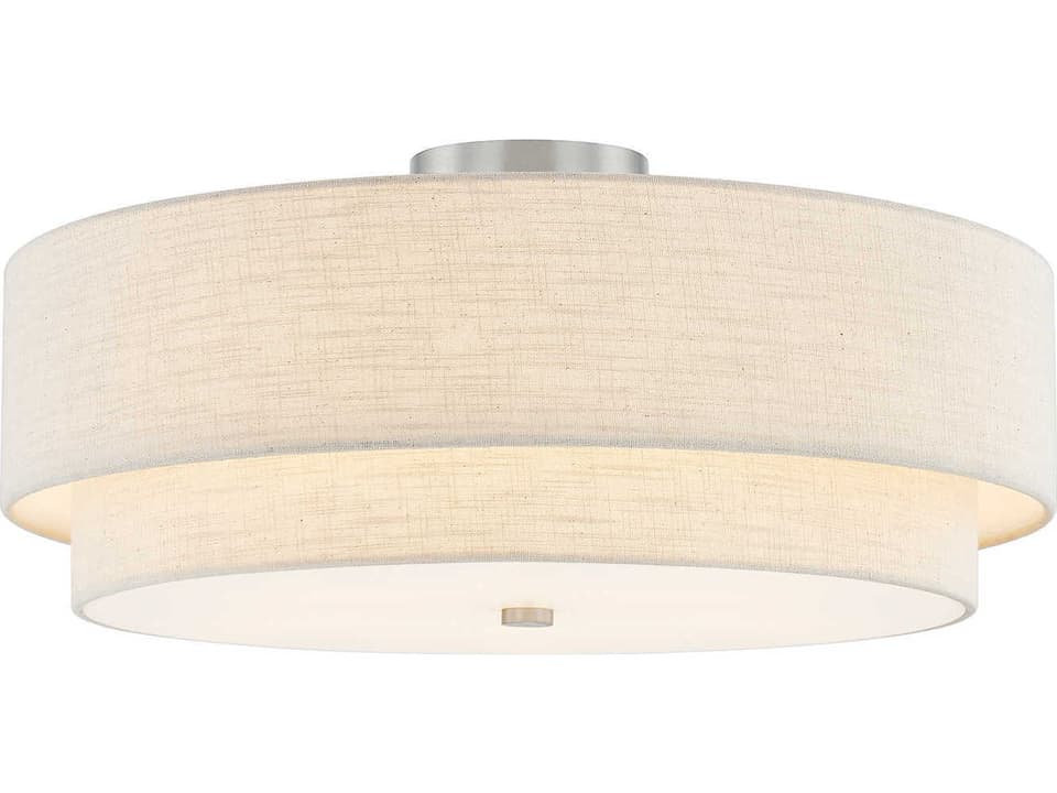 Classic 5-Light Tiered Drum Semi-Flush Mount in Brushed Nickel with Cream Linen Shade